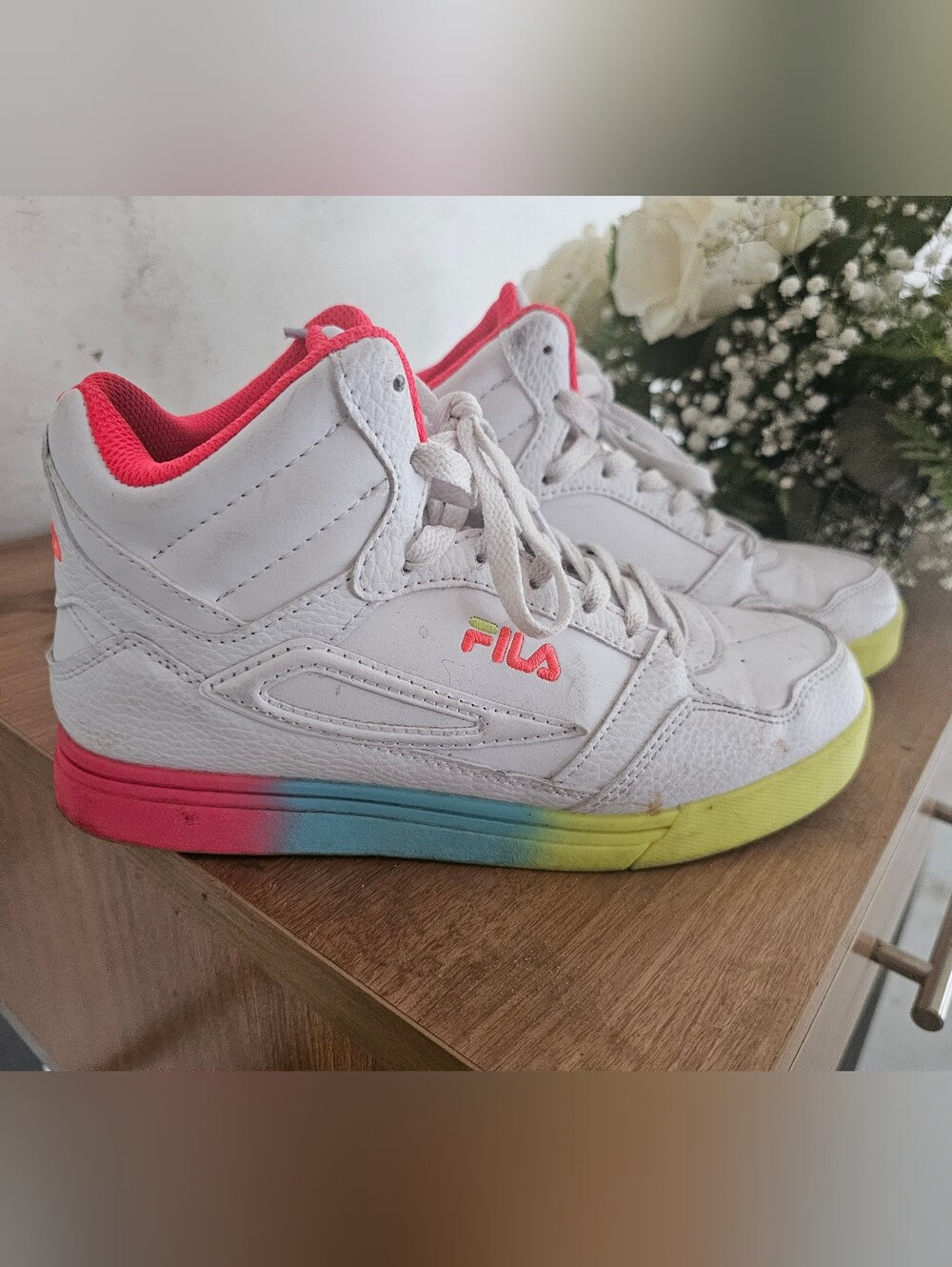 Fila Womans White High-Top Sneakers with Pink Lining and Rainbow Midsole